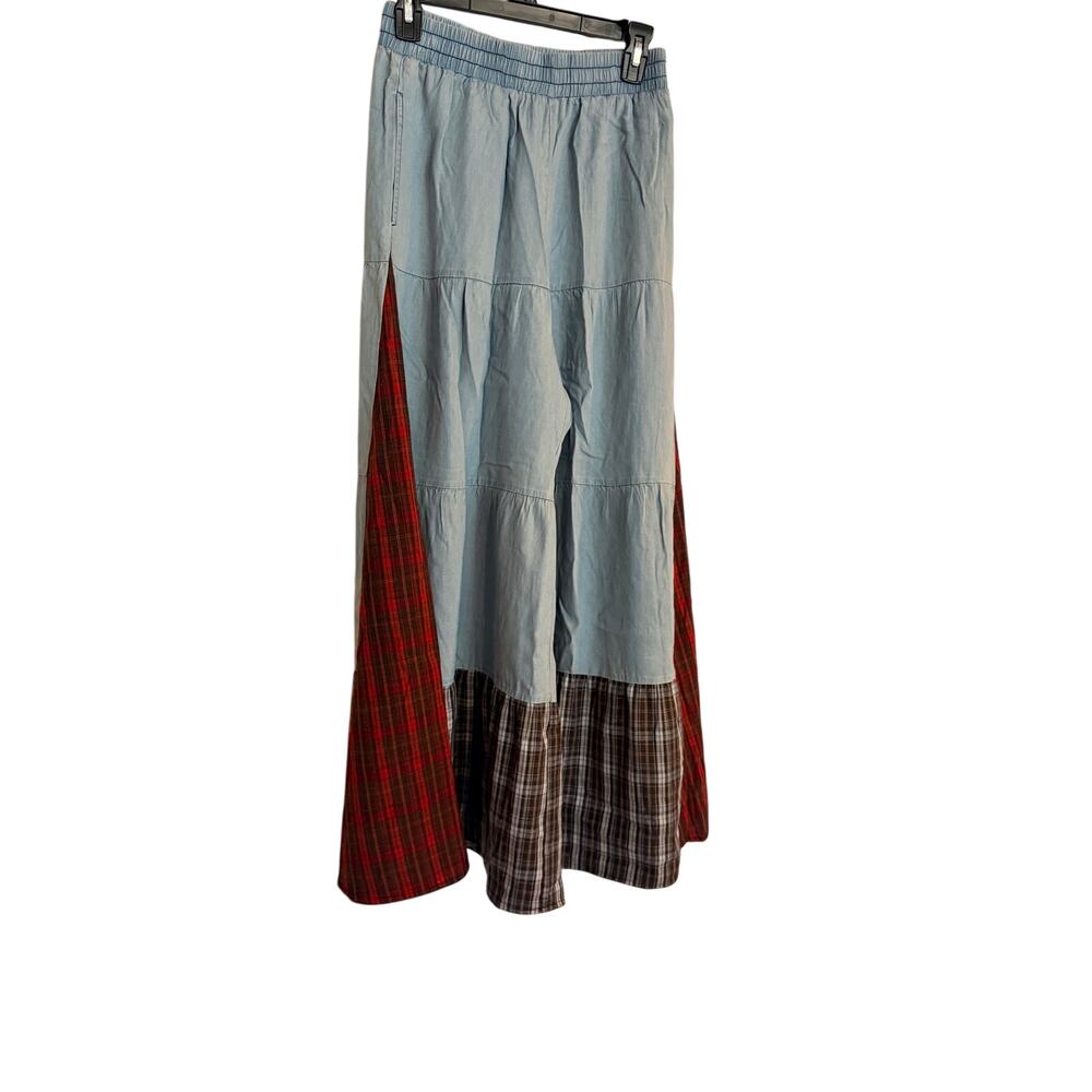 ODDI Plaid & Chambray Tiered Wide Leg Elastic Waist Pant NWT Size Small - Picture 6 of 8